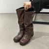 Модные женские сапоги 2025 Новые сапоги до колена на толстом каблуке с длинным голенищем, модные ретро сапоги-рыцари с ремешком и пряжкой для брюк