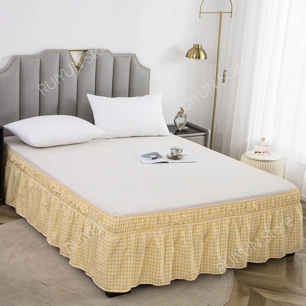 Home Plaid Bed Skirt Without Surface Elastic Band Bed Skirt Wrap Around Ruffled Bed Skirt Couvre Lit Twin /Full/ Queen/ King