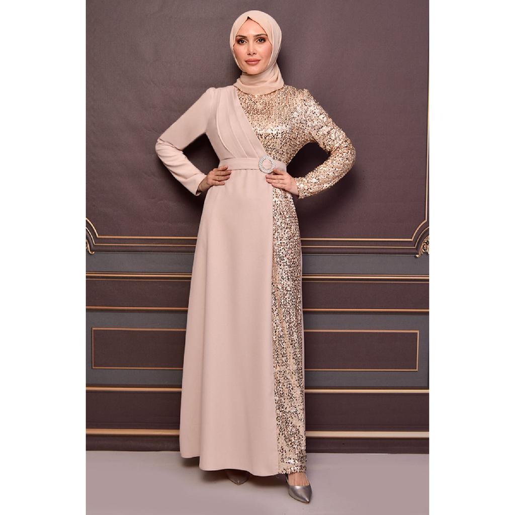 Женская одежда, вечернее платье, модное длинное вечернее платье из крепа с блестками и поясом, хиджаб 2516