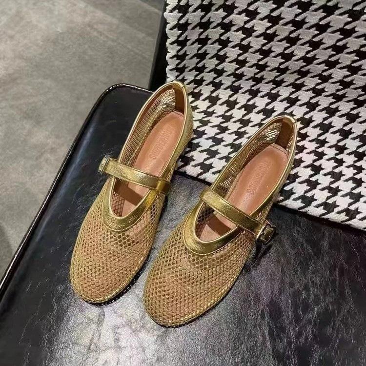 Модная женская обувь 2025 сетка дышащая одинарная обувь круглый носок мелкий вырез плоская подошва балетки летняя дышащая сетка