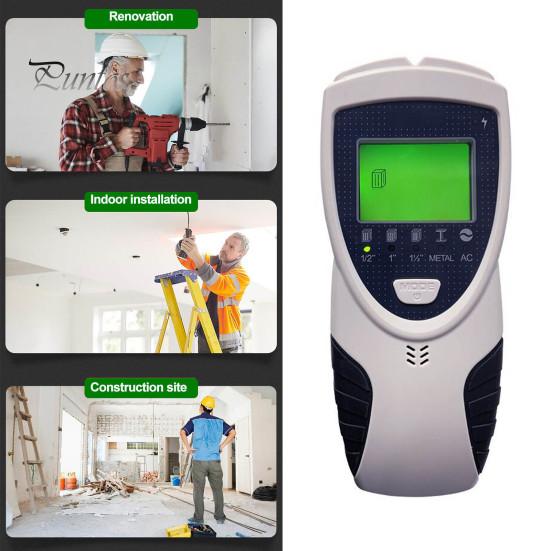 Настенный детектор 5 в 1. Поиск шпилек с обнаружением проводов под напряжением переменного тока. Дисплей с подсветкой. 5 режимов. 3 глубины. Металлический деревянный кабельный трекер.