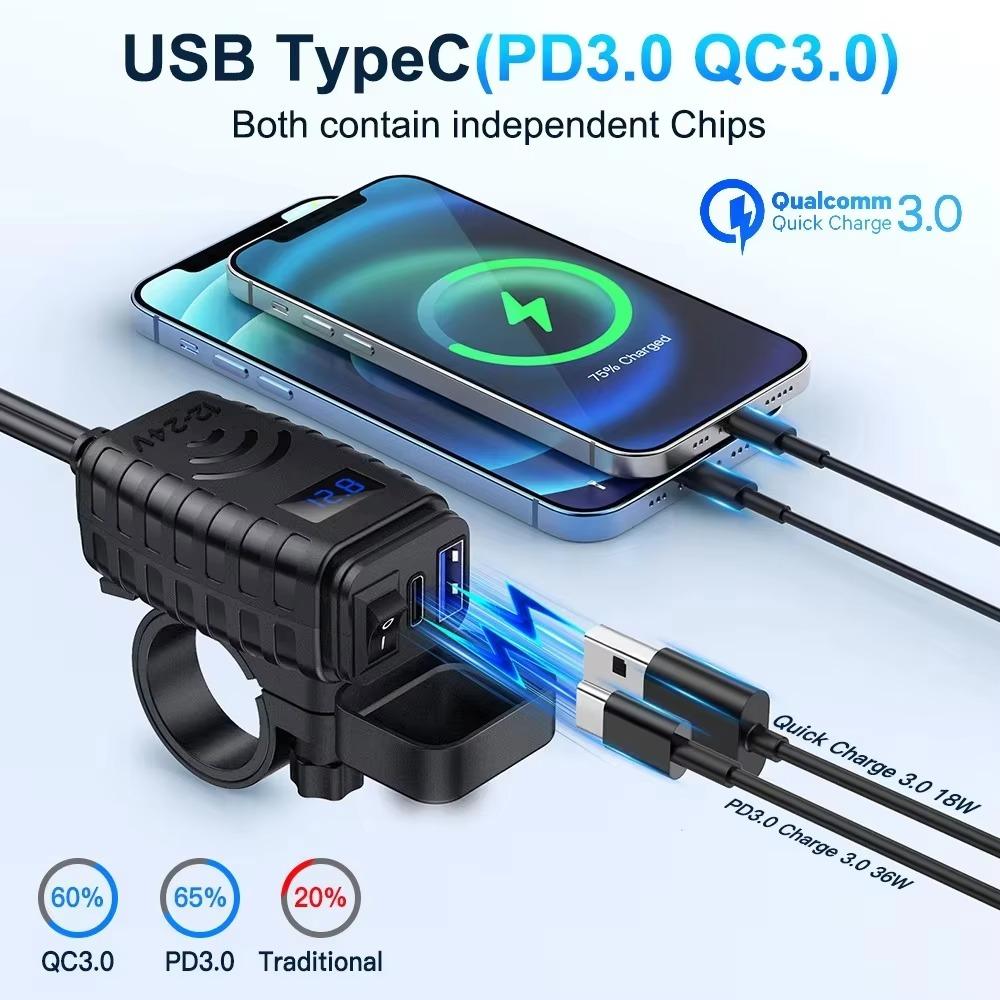Motorcycle USB Charger 12V Waterproof Socket Handlebar Cell Quick Charger Adapter with Voltmeter Motor Accessory
