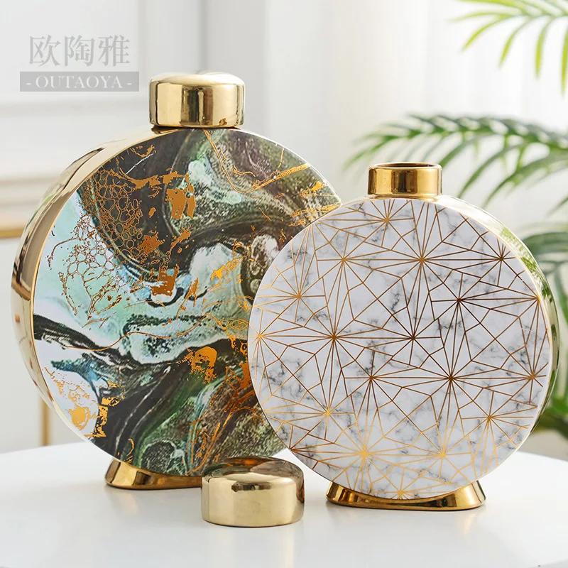 Керамическая ваза с мраморным узором, классическая банка для хранения с крышкой, цветочный горшок, цветочное украшение для стола, золотые вазы, винтажный домашний декор