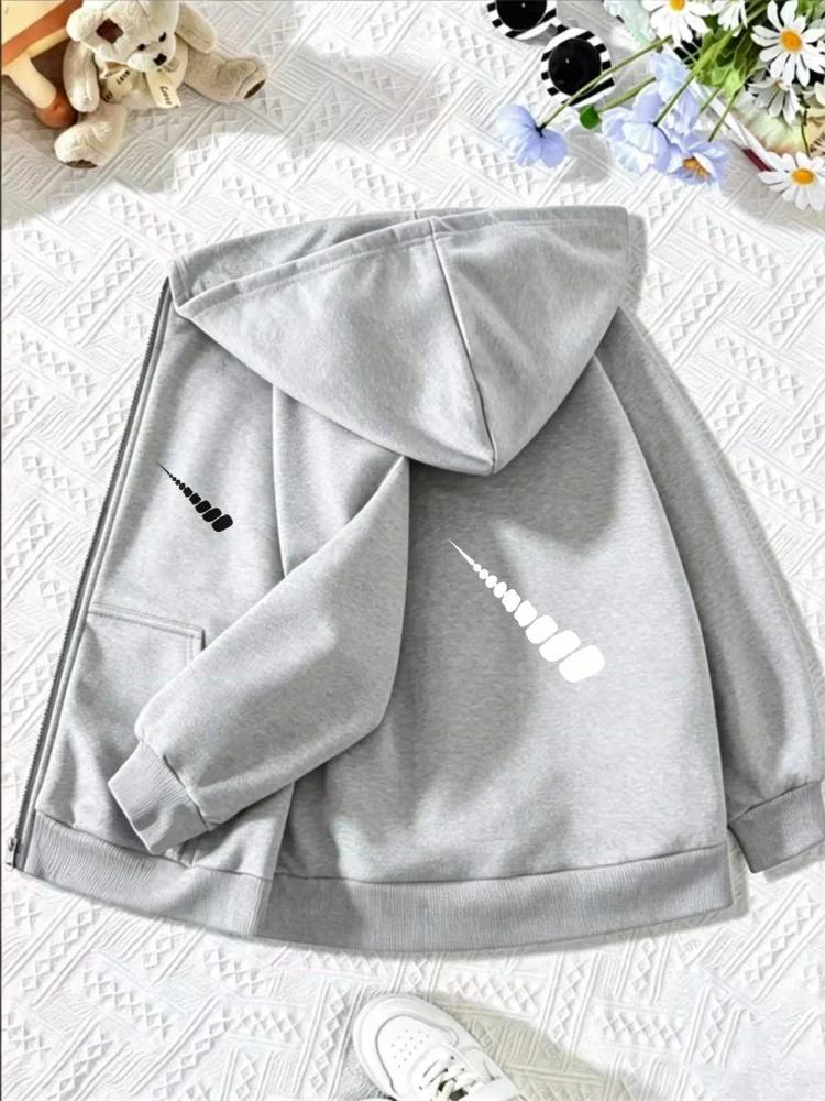 Children Full Zip Hooded Sweatshirt Simple Black And White Meteor Line Pattern Loose Daily Kids Outerwear With Front Pocket