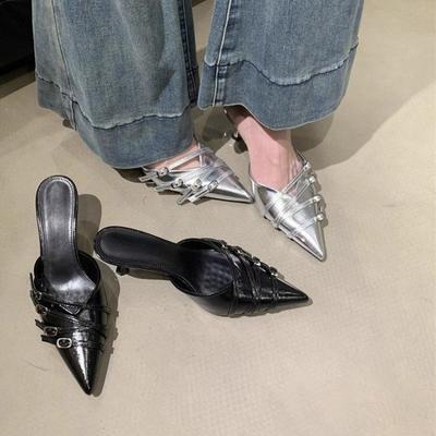 Летние новые полушлепанцы Баотоу женские модные с острым носком с мелким вырезом с ремешком и пряжкой универсальные удобные на высоком каблуке