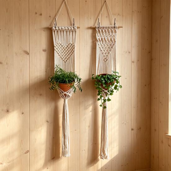 Braided Hanging Basket, Bohemian Wall Tapestry, Knotted Rope Tapestry, Plant Pot Holder Vase Basket for Living Room Nursery Decor