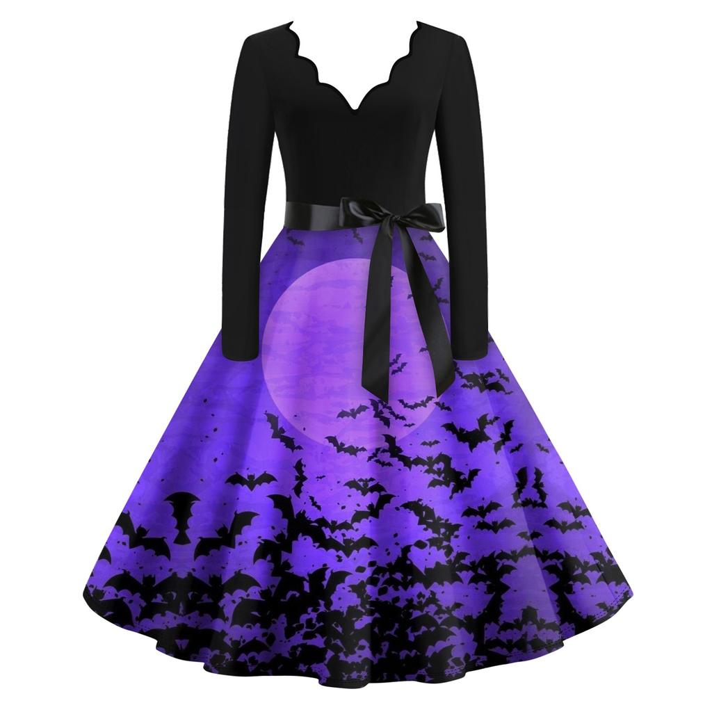 Расклешенное платье с принтом Хэллоуина для женщин Платье с длинным рукавом Повседневные платья