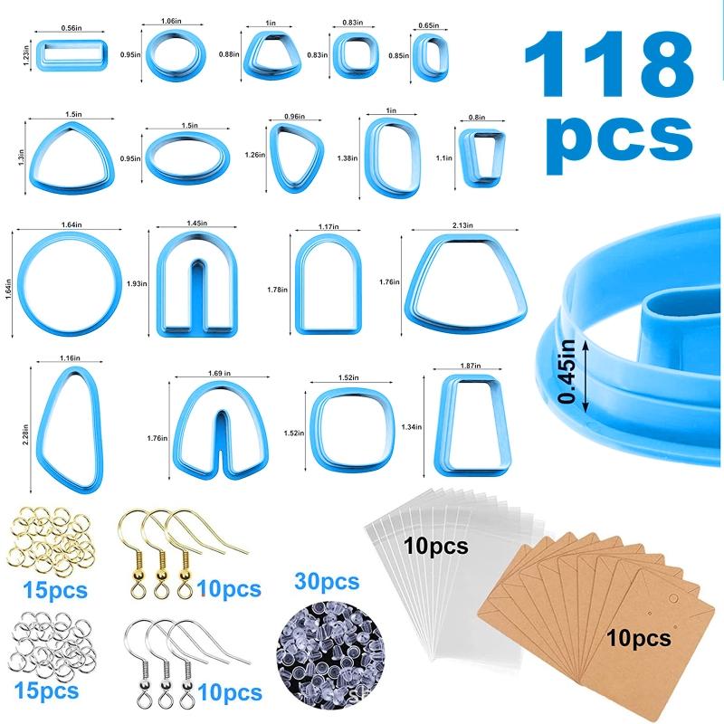 118Pcs Plastic Cutters Sets 18 Shapes Clay Cutters with Earring Hooks Jump Rings Clay Scrapers for Earring Jewelry