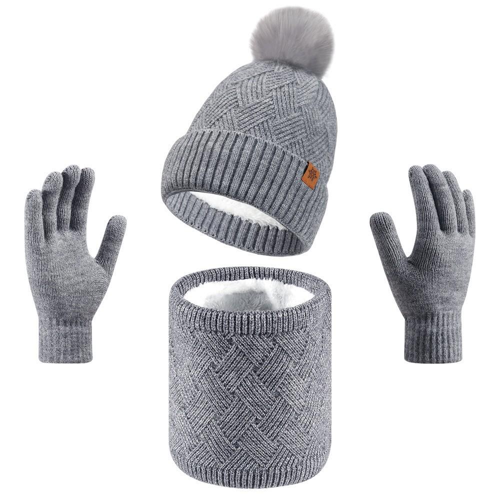 Wool hat women's autumn and winter fleece thickened warm and cold-proof knitted hat scarf gloves three-piece set with hairball versatile