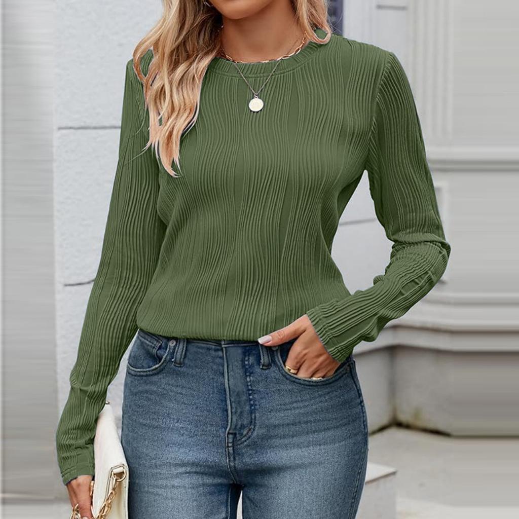 Женская повседневная однотонная футболка свободного кроя с круглым вырезом и длинными рукавами