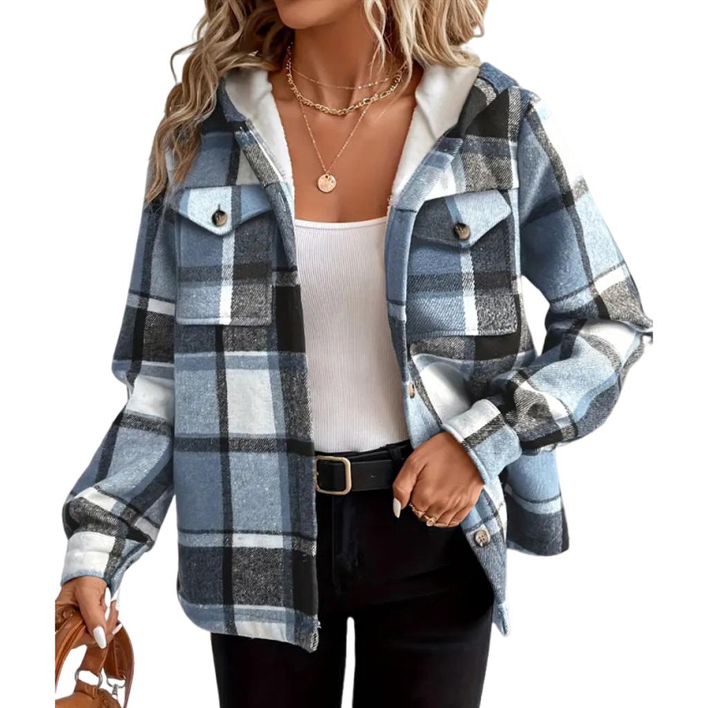 Women's Fashion Casual Loose-Fitting Long-Sleeved Plaid Print Hooded Jacket Baseball Jacket