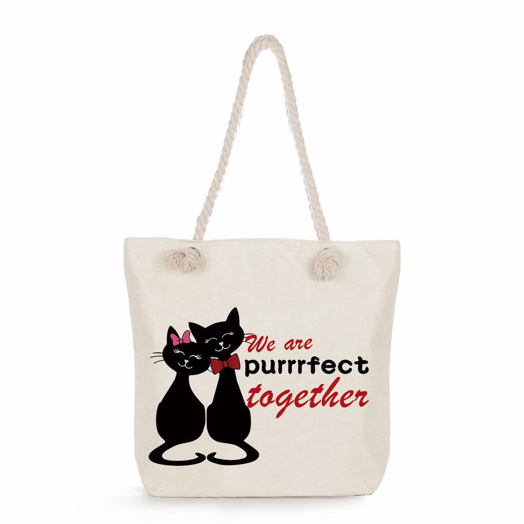 Cat print thick rope single-shoulder beach bag 7266 CLE