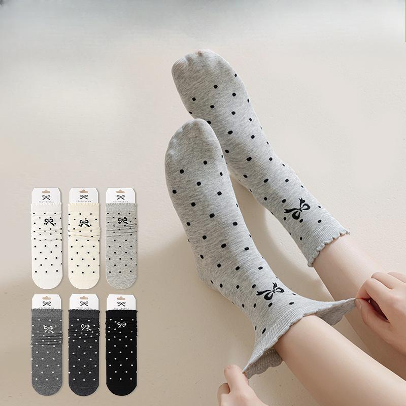 Female Spring and Autumn Bow Wood Ear Lace Polka Dot Boneless Drum Pile Cotton Socks
