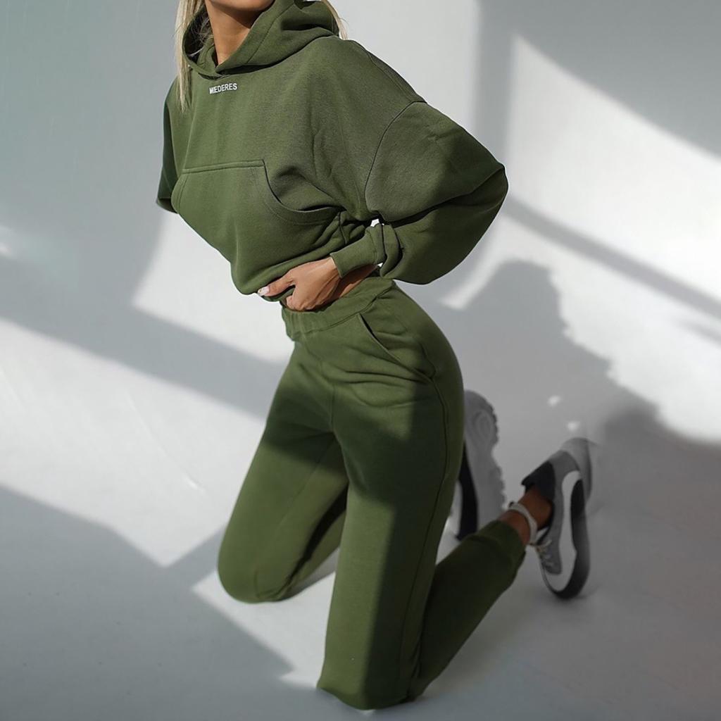 Women's Casual Solid Color Long Sleeved Short Hoodie Trousers Sports Suit