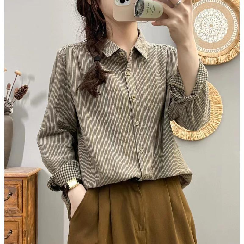 Рубашка в полоску из чистого хлопка в стиле ретро, женская двухслойная рубашка из хлопчатобумажной марли с длинными рукавами, универсальная рубашка на весну и осень, блузки и рубашки