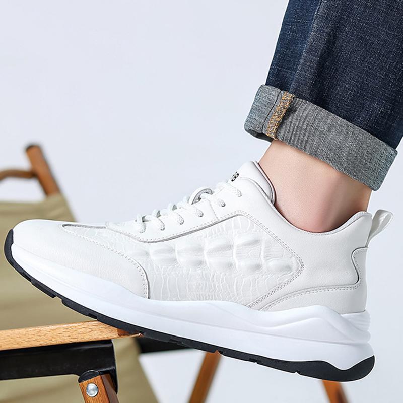 Men White Casual Sneakers Breathable Men Crocodile Pattern Leather Sports Running Shoes Cowhide Leather Comfortable Tennis Shoes