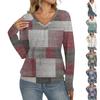 Women's Casual Fashion V-Neck Raglan Pleated Plaid Print Long Sleeve Top