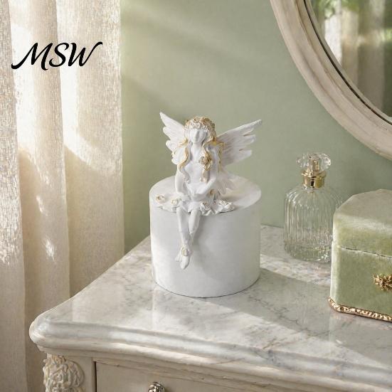 Light Luxury Desk Accessory Angel Resin Figurine, Half Body Winged Fairy Sculpture with Gold Trim, Matte Delicate Statue White Decor for Bedroom Shelf