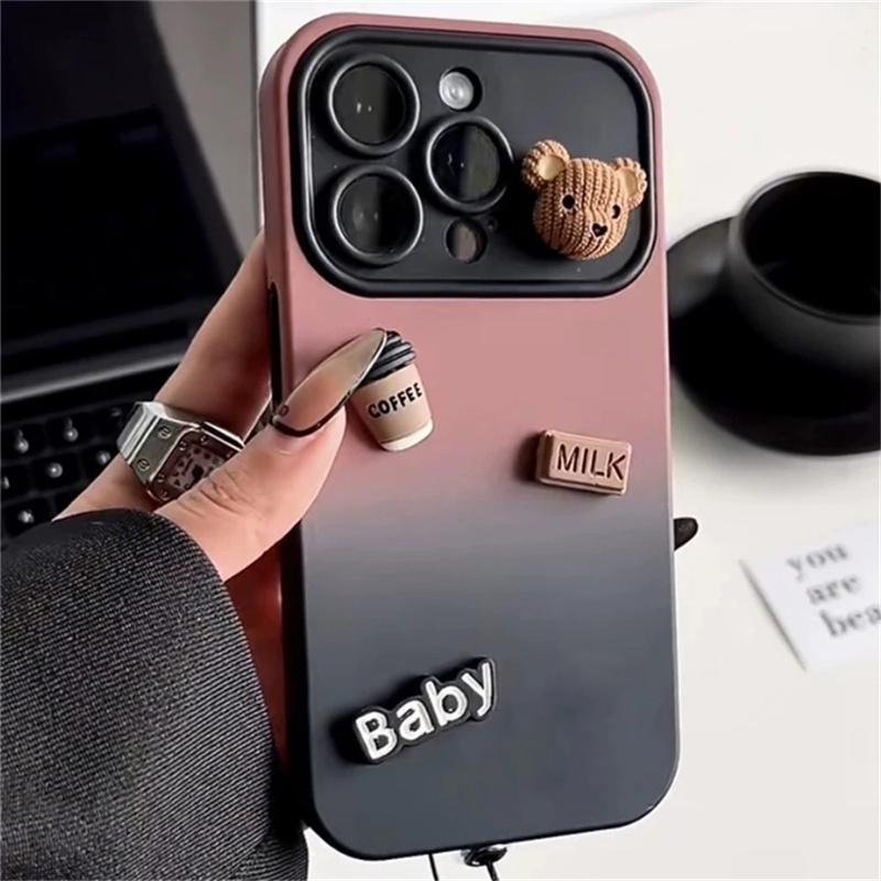 Cute Cartoon 3D Bear Coffee Milk Chocolate Gradient Case For iPhone 11 15 Pro Max 15 14 13 12 Pro Max Soft Silicone Cover