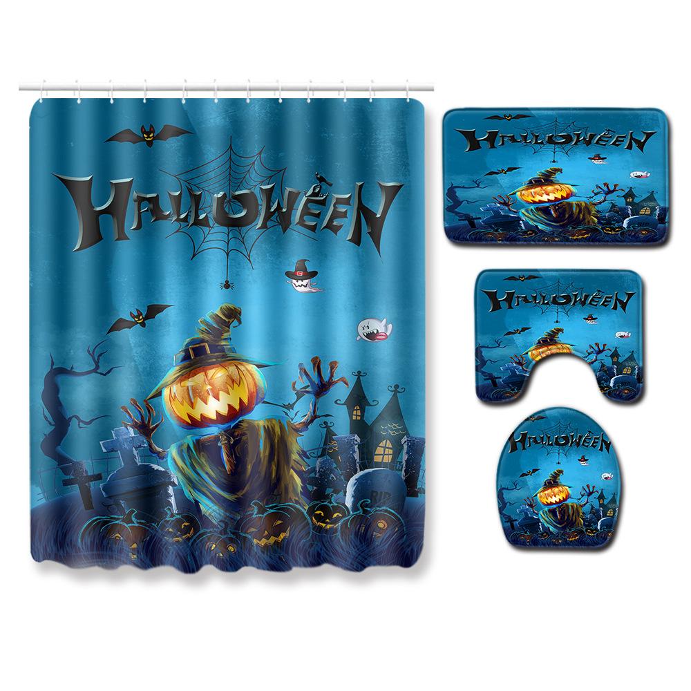 Halloween Shower Curtain Floor Mat Combination Four-Piece Set Bathroom Toilet Carpet Shower Room Foot Mat
