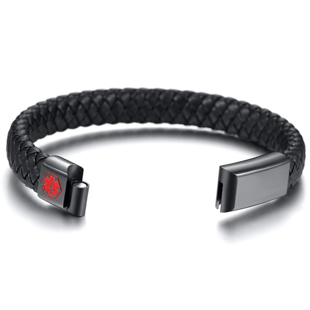 Customized Engrave Medical Alert ID Bracelet, Stainless Steel Magnetic Buckle Woven Leather Wristband Bangle for Men
