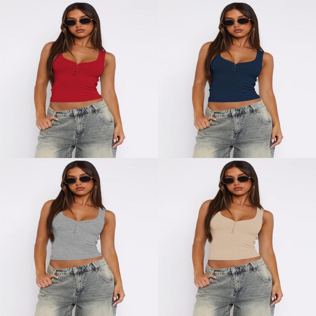 American Sexy Girl Low U Neck Sleeveless Top With Ribbed Fabric For Summer Party Wear