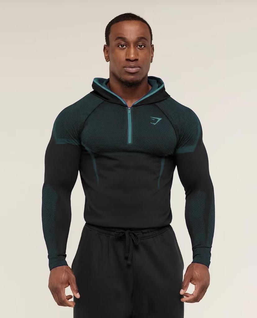 Мужская фитнес-футболка с длинным рукавом и капюшоном GYMSHARK Onyx с высокой эластичностью