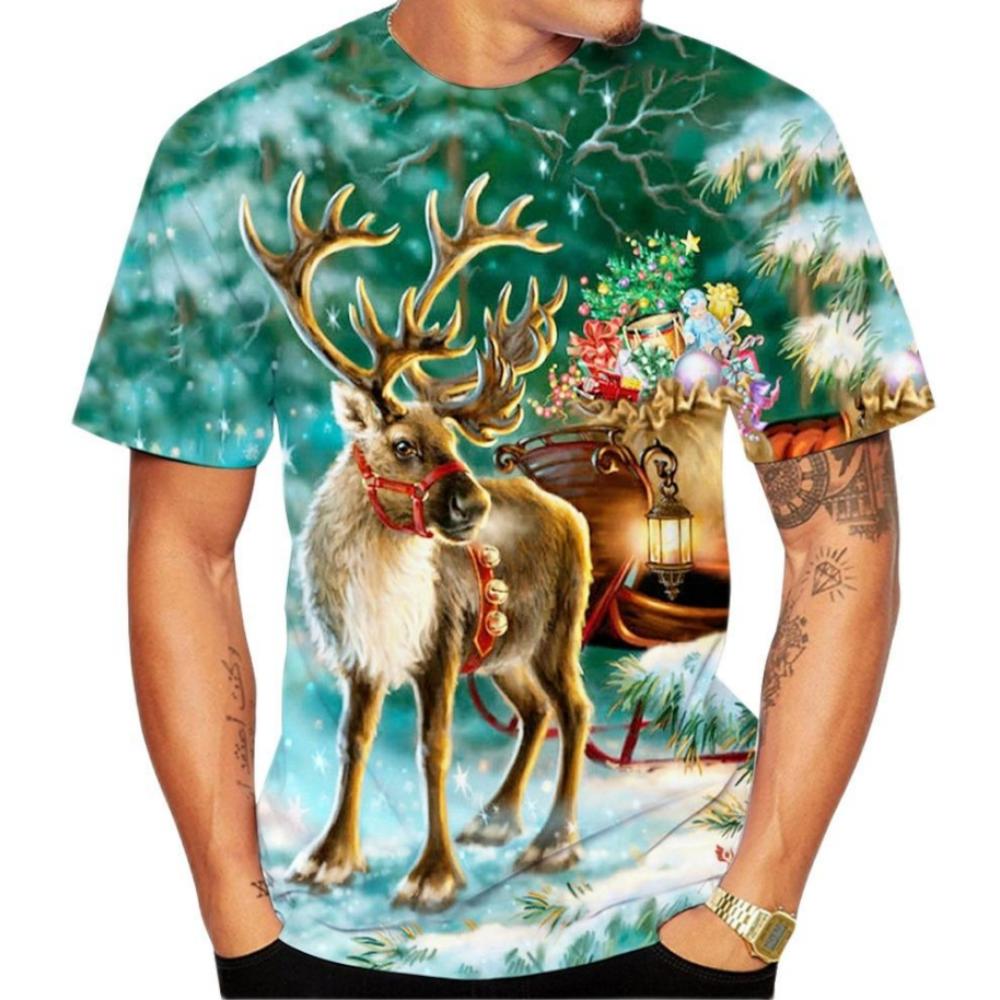 Christmas Elk 3D Print T Shirt For Men X'mas Harajuku Streetwear Fashion O-neck Short Sleeve Tops New Year Gift Oversized T-shirts