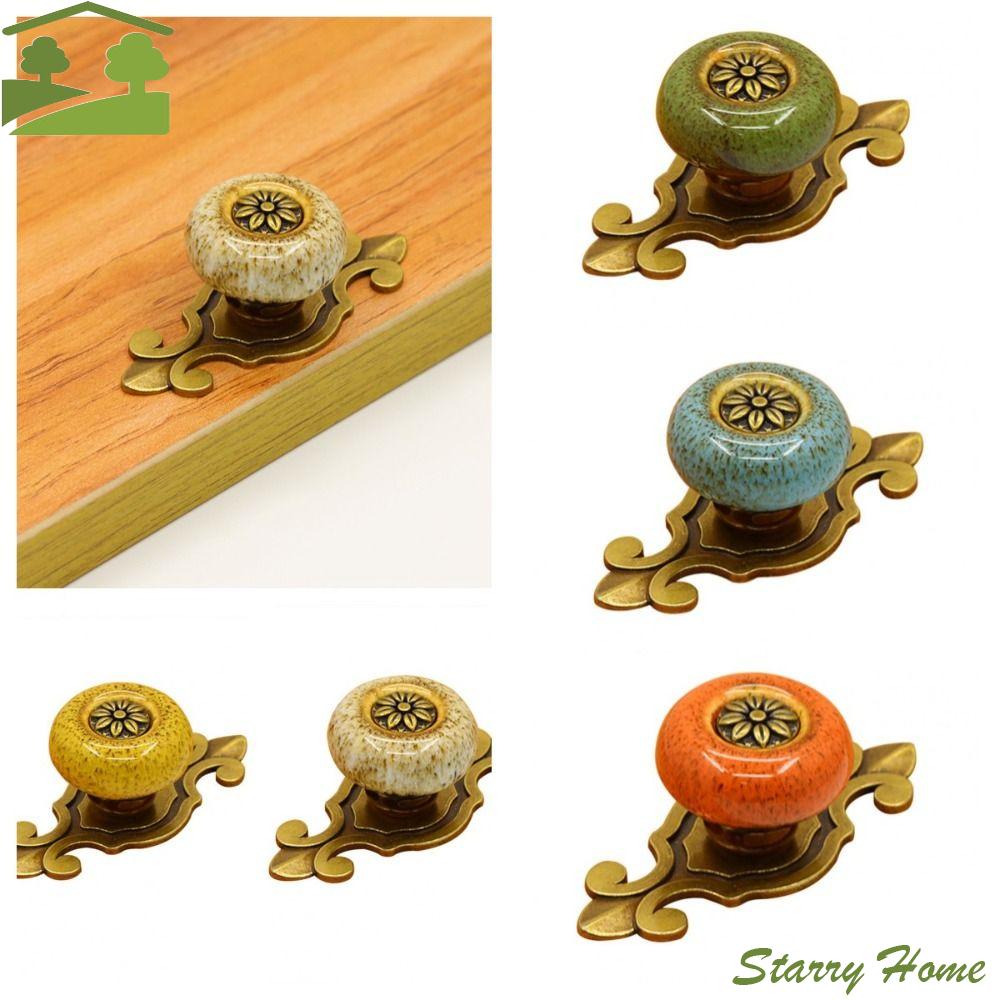 Винтажная керамическая ручка с одним отверстием в этническом стиле, античная бронзовая ручка-цветок, керамические ручки для ящиков, мебель