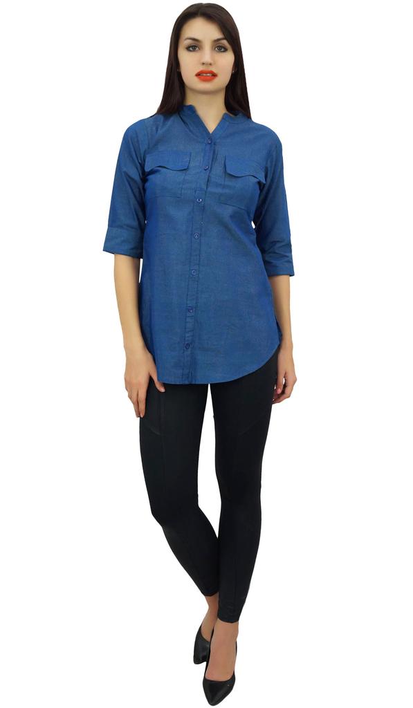 Phagun Женская рубашка с рукавами 3-4, синяя, на пуговицах, блузка, повседневная туника, топ -