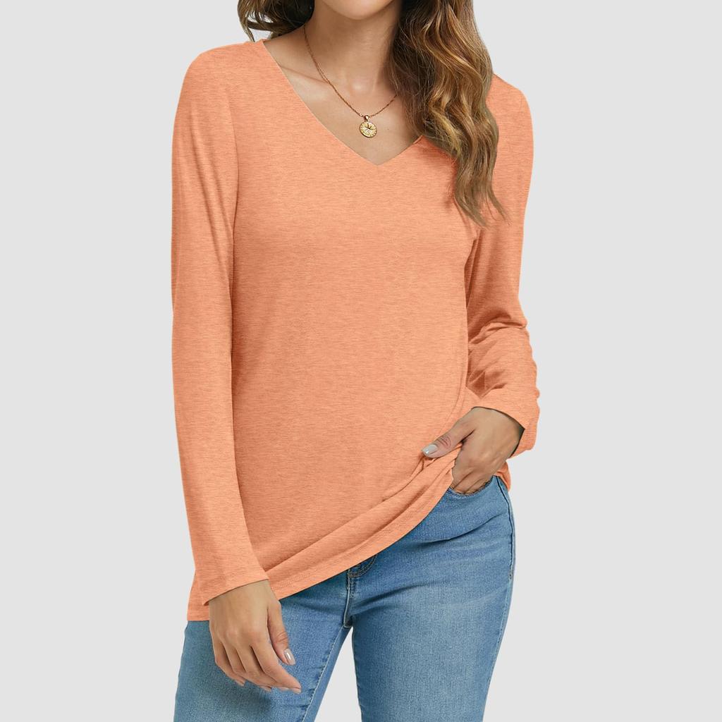 Womens Long Sleeve V Neck Shirts Basic Tee Casual Top Fall Trendy Tunic Outfits Fitted T Shirts