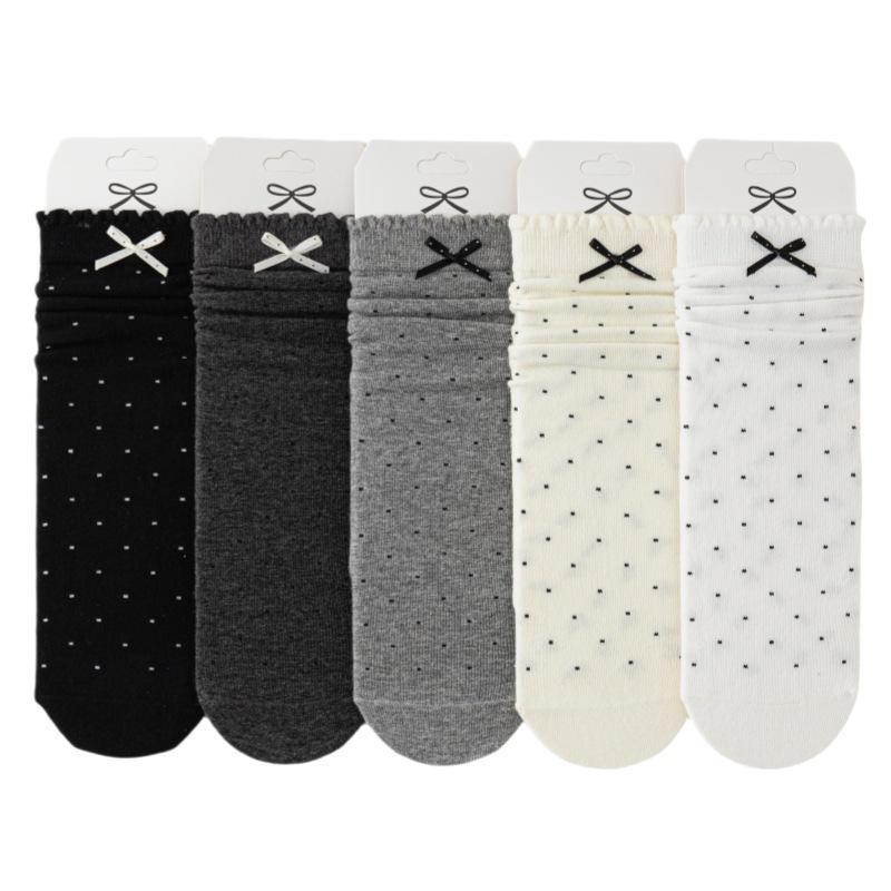 Женские носки до середины икры, бесшовные хлопковые носки на весну и осень, длинные носки с кружевом и бантом в горошек, универсальные носки в горошек, махровые носки