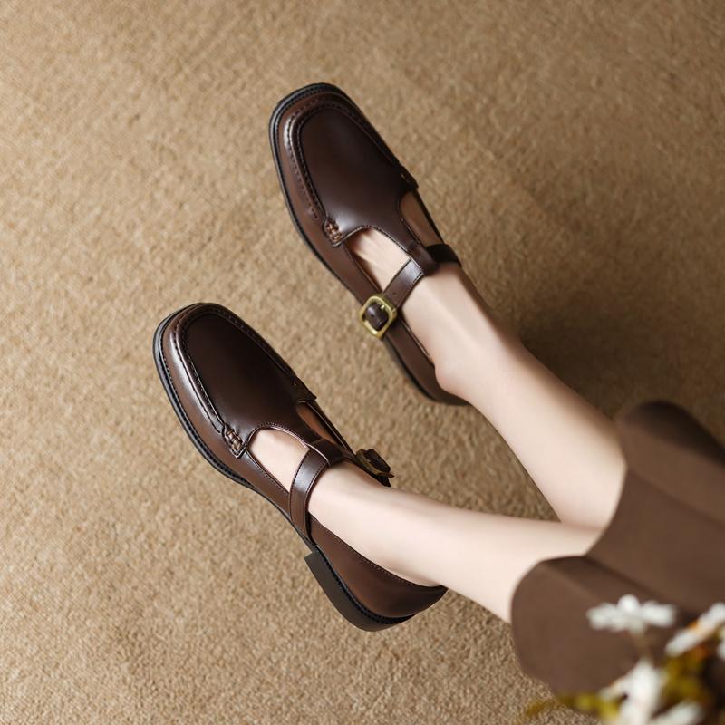 Fashion Women's New Spring and Autumn Square Head Retro Middle Heel Large Metal Belt Buckle Mary Jane Single Shoes