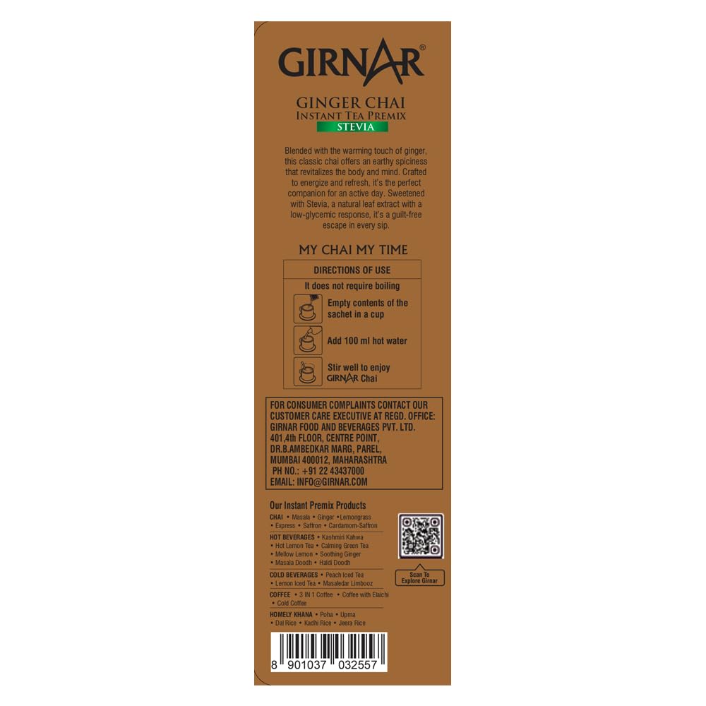 Girnar Instant Ginger Chai Premix with Stevia Sugar-Free 120g 10 Sachets for Quick Hot Beverage