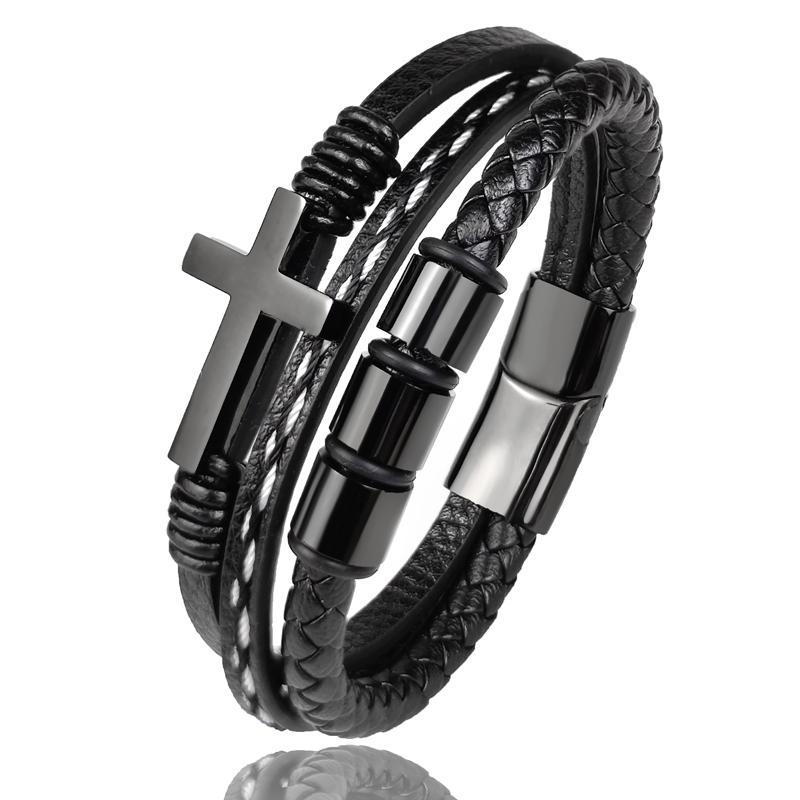 MingAo New Custom Engraved Family Name Beads Cross Bracelets Black Braided Leather Stainless Steel Bracelets for Men Fathers