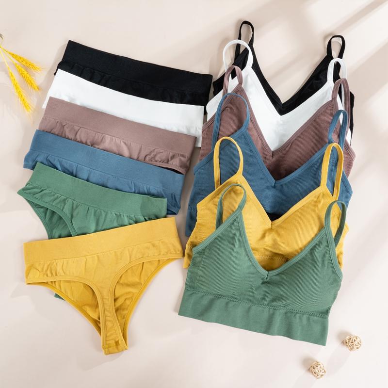 Женские бесшовные майки, топы, трусики, комплект женского хлопкового стрингов, нижнее белье, беспроводной бюстгальтер, мягкий укороченный топ, трусы с низкой посадкой, комплекты из 2 предметов