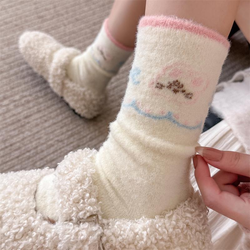 Australian Woolen Socks for Girls, Cute Cartoon Rabbits, Fluffy Mid-calf Socks, Sweet Autumn and Winter, Bow Stripes, and Warm Socks