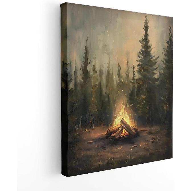 APJYM Rustic Pine Tree Forest Camfire Camping Wall Art, Vintage Dark Moody Wood Land Nauture Landscape Canvas Wall Art for Cabin Camper Home, 11x14