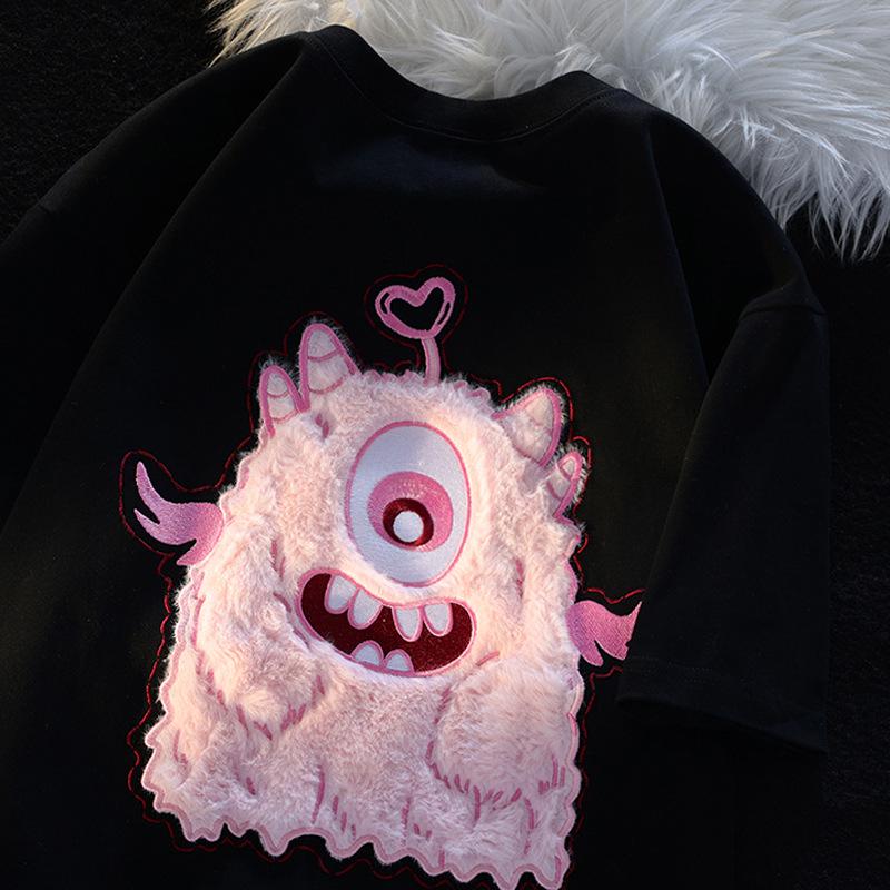 Женская розовая футболка из хлопка с вышитым ретро-монстром, с короткими рукавами, в стиле High Street Fashion, свободного кроя