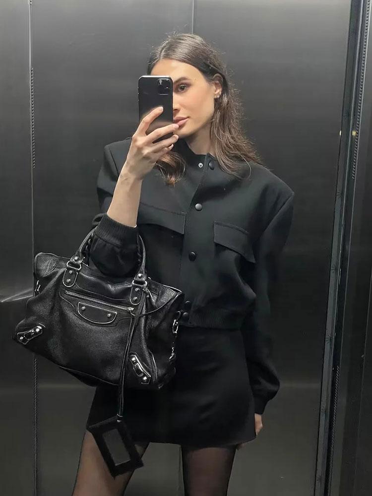 2024 элегантная однотонная уличная куртка женская с длинным рукавом на пуговицах тонкое укороченное пальто женские карманы дизайн повседневные шикарные топы новые
