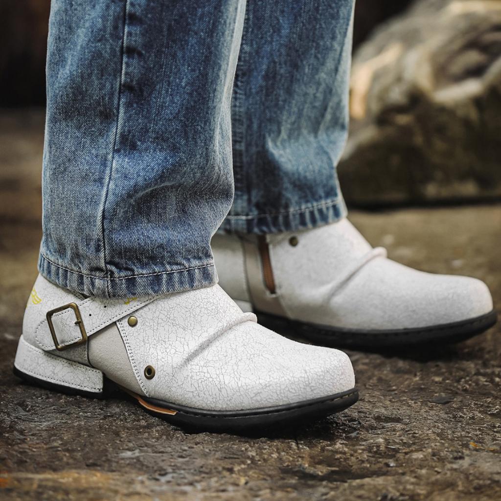 Мужские мотоботы с высоким голенищем из потрескавшейся кожи, боковая молния, металлическая отделка, ретро, рыцарские боты, водонепроницаемые, противоскользящие, осень 2025, новинка