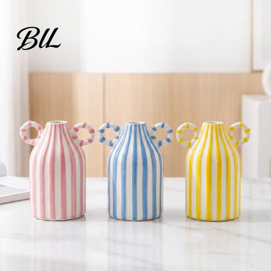 Retro Style Floral Container Striped Ceramic Vase, Modern Glossy Hand Painted Flower Vase with Double Decorative Vases for Home Decor Ear Handles