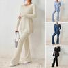 Women Two Pieces Suit Winter Autumn Knitted Long Sleeve Ribbed Slit Top High Waist Flared Trousers Set Fashion Outfit