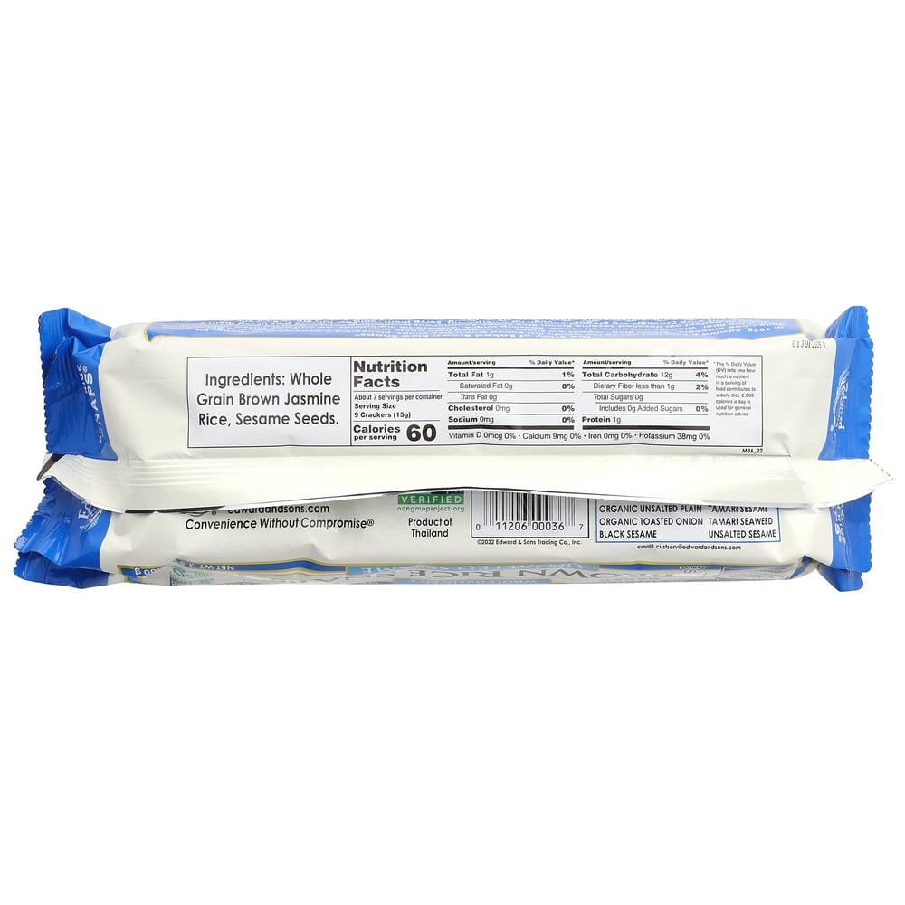 IHerb Edward & Sons Жареные цельнозерновые рисовые крекеры из бурого риса, с кунжутом, без соли, 3,5 унции (100 г)