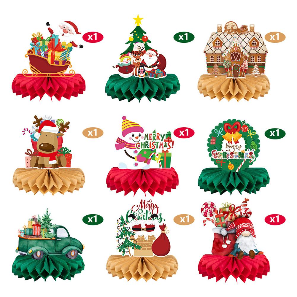 9pcs Christmas Honeycomb Centerpieces Ornaments With Santa Snowman Elk Design For Christmas Party Favors Table Decors