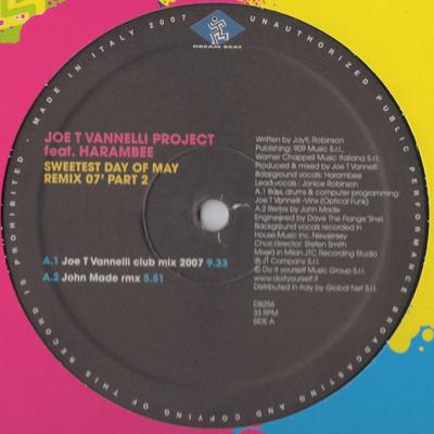 12-дюймовая пластинка JOE T. VANNELLI PROJECT, HARAMBEE - Sweetest Day Of May Remix '07 (Часть DB256 Dream Beat 2007 Италия Танцевальная и Электронная Б/У