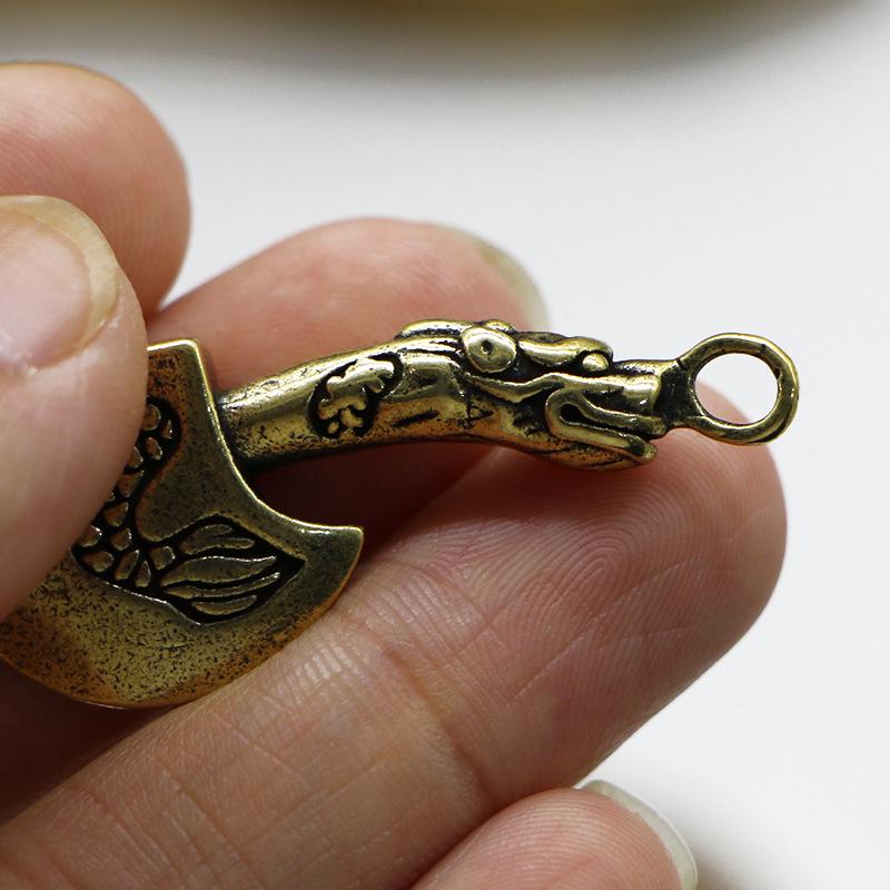 "Handmade Vintage Brass Dragon Axe Keychain Pendant"