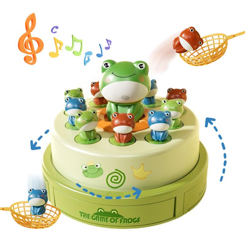 Electric Pop-up Turntable Toys with Music Cartoon Rotating Frog Catcher Toys with Nets Musical Launching Rotating Game Kids Toys