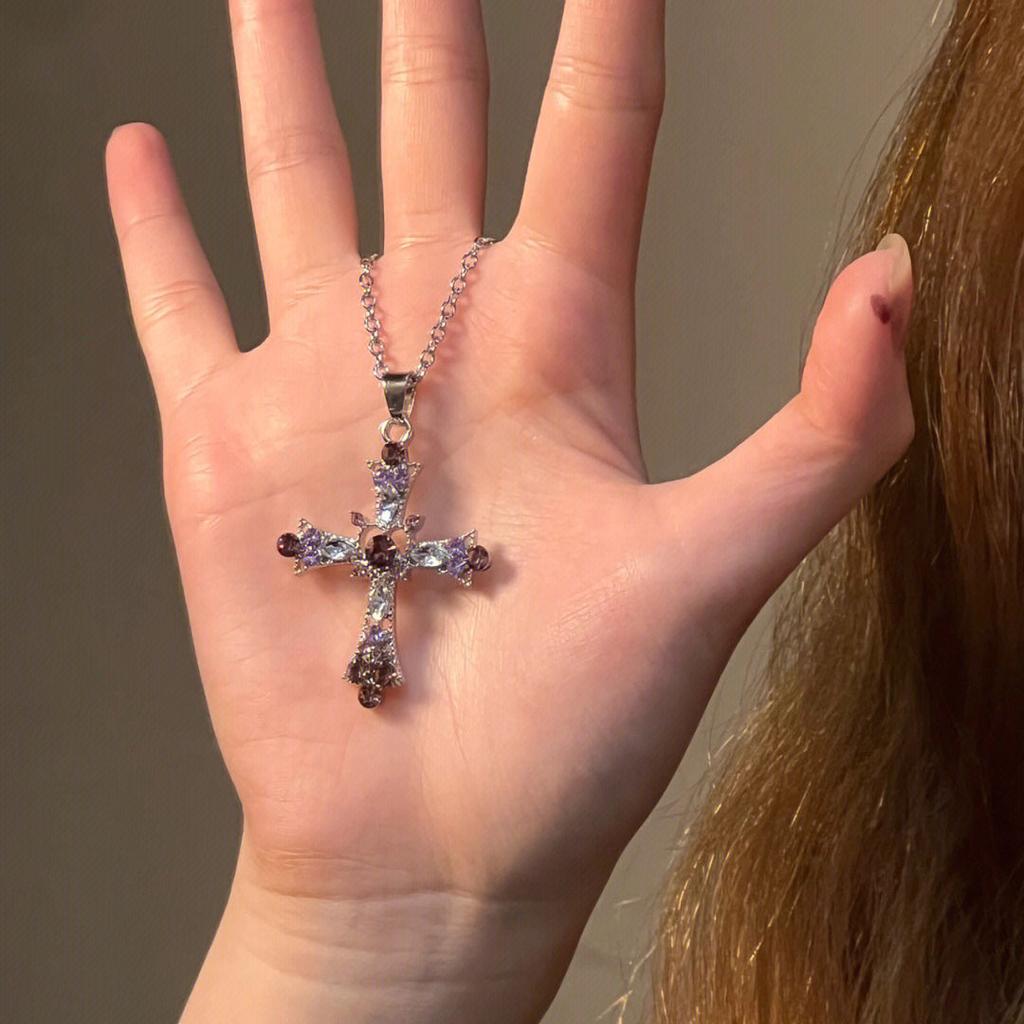 Pink Purple Crystal Cross Pendant Necklace Y2K Rhinestone Religious Jewelry for Women