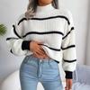 Women Fall Winter Casual Striped Lantern Sleeve Turtleneck Knit Sweater Loose Tops S-XL